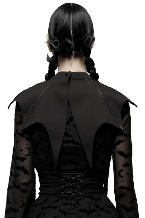 Black bat cape back perspective showing dramatic wing silhouette and collar buckle