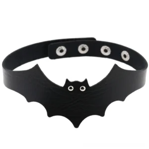 Black bat wing leather choker necklace front view, gothic pendant jewelry with metal snap fasteners