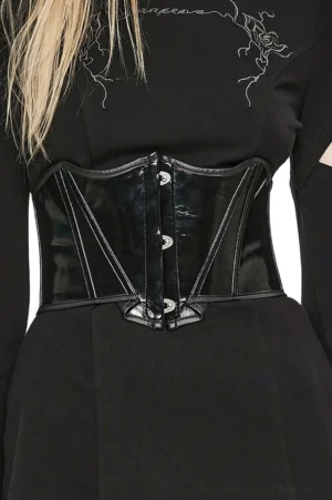 Black bat-collar gothic vinyl cincher corset belt front view with metal skull button lace-up closure