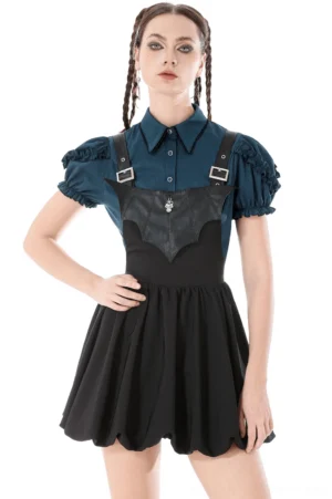 Black bat wing gothic corset dress front view with heart skirt detail on model wearing twin braids