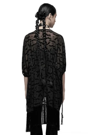 Black flocked bat print kimono cape back view, tassel hem detail, alternative fashion styling