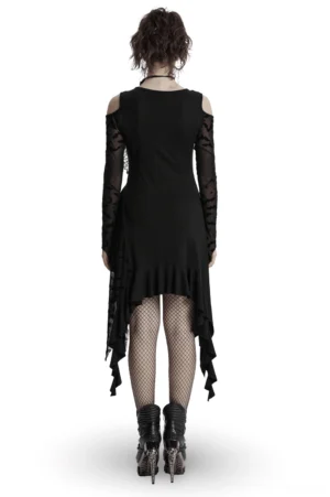 Full back view of black gothic bat mesh dress showing cold-shoulder cut, draped irregular hem, and fitted silhouette on fashion model