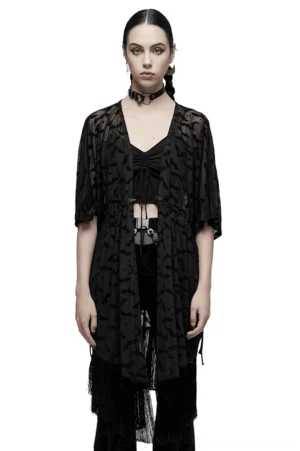 Black bat moon flocked kimono cape front view on gothic model, sheer mesh fabric with celestial prints