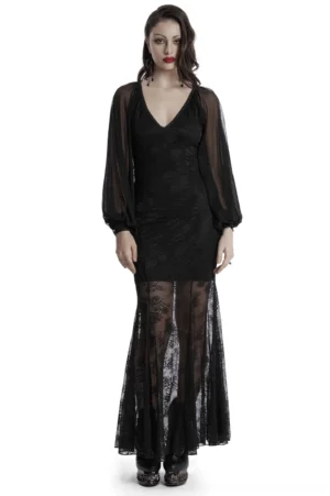 Black bat wing mermaid gothic dress with V-neckline, sheer mesh sleeves, and lace fishtail hem - front view on model