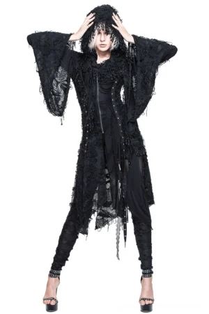 Black batwing hooded gothic long coat front view on model with platinum blonde hair, showcasing distressed frayed edges and asymmetric hemline