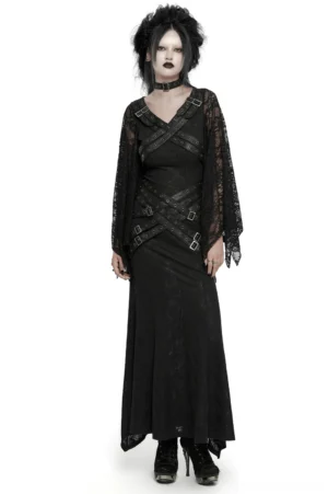 Black batwing lace gothic maxi dress front view on model with V-neck and metal buckle straps