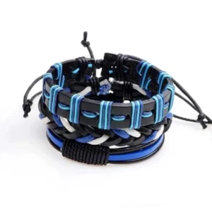 Black and blue gothic leather bracelet set with braided rope detailing, front view on white background