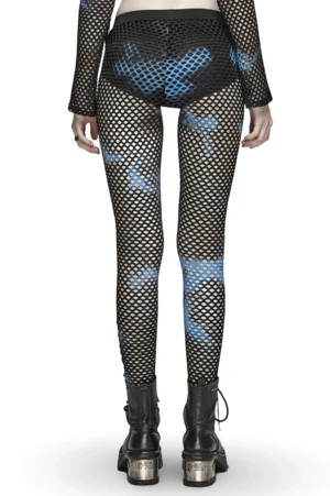 Black-blue tie-dye fishnet gothic leggings back view on model showing high-waisted design