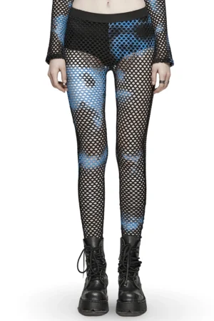 Black-blue tie-dye fishnet gothic leggings front view on model with platform boots and long-sleeve top