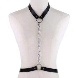 Black vegan leather body harness with silver metal chain and O-ring connectors, mannequin display front view