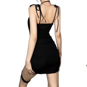 Black gothic bodycon mini dress with tie-up shoulder straps and ruched fabric - back view on model