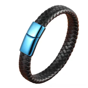 Black braided leather gothic bracelet with blue stainless steel hook clasp, three-quarter view