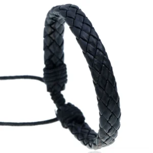 Black solid braided leather gothic bracelet with adjustable pull cord closure, front view on white background