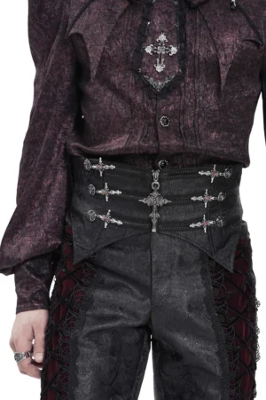 Black brocade gothic waist corset with silver cross ornaments worn on male model, front torso view with purple gothic shirt