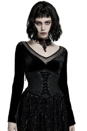 Black brocade gothic corset belt front view on model with goth styling and dark aesthetic