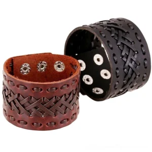 Black and brown braided leather gothic cuff bracelets side by side, displaying dual color options and nordic woven pattern with metal snap fasteners