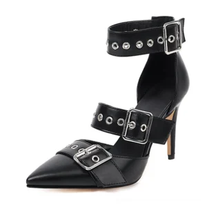 Black pointed toe buckle stiletto heels with multi-strap ankle design, gothic fashion footwear, sleek leather construction
