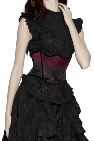 Gothic corset styled with ruched ruffled skirt and high neck blouse - three-quarter side view of complete outfit
