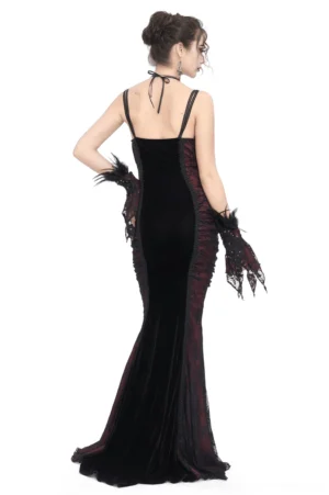 Black burgundy velvet gothic mermaid dress back view with adjustable spaghetti straps and lace gloves