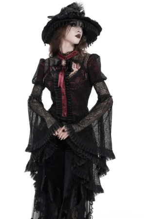 Black burgundy lace Victorian gothic cape with ruffled bell sleeves front view on model