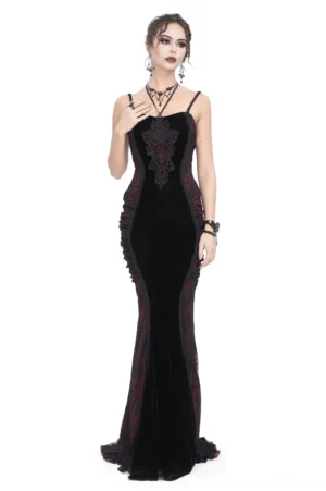 Black burgundy velvet mermaid gothic dress with floral lace appliques front view on model