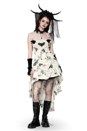Black butterfly print off-shoulder gothic dress with corset lace-up back displayed on model wearing gothic headdress and accessories, front full-body view