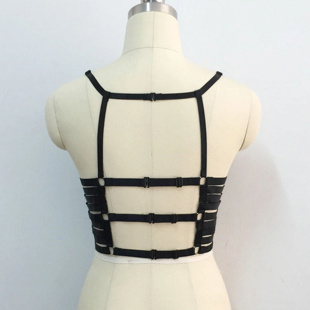 Black gothic cage harness rear view with grid pattern straps and ladder bands