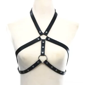 Crisscross leather chest harness with O-ring detail - goth cage bra with metal studs