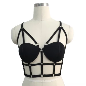 Black gothic cage body harness with thin shoulder straps and grid pattern, frontal display