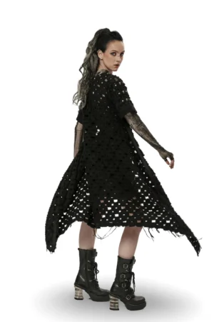 Distressed black long cape cardigan showing high-low asymmetrical hem and all-over cutout details, side back full view