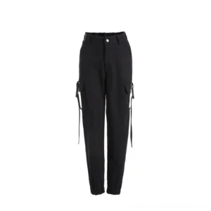 Black cargo joggers flat lay showing high waist side cargo pockets with strap details