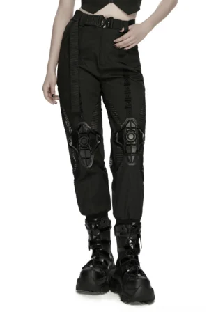 Black mesh cargo joggers with rubber knee pads and studded thigh straps - front full-body view on female model