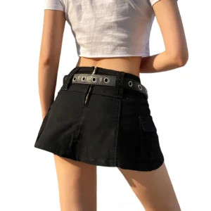 Black high-waist cargo mini skirt back view showing zipper closure and belt detail on model