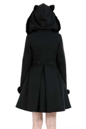 Black cat ear gothic winter coat back view showing waist strap and flared hem