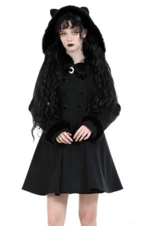 Black cat ear gothic coat with crimson velvet lining - front view on model with long curly black hair