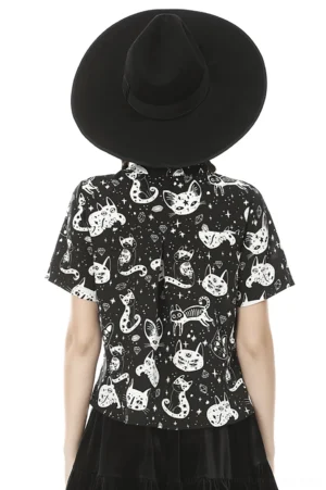 Black cat pentagram blouse back view, gothic print full-body rear shot, occult aesthetic dark clothing