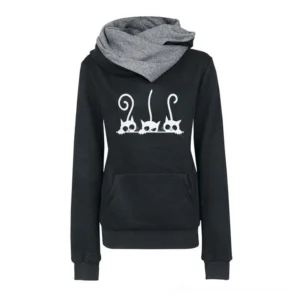 Black gothic cat printed oversized hoodie with grey contrast hood and white cat graphic front view