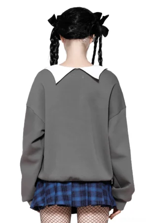 Black cat gothic sweatshirt back view showing ribbed hem and dark gray fabric