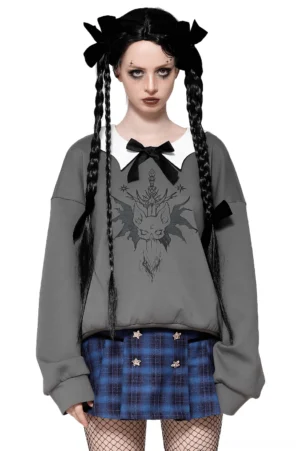 Black cat gothic sweatshirt front view on model with white peter pan collar and black satin bow