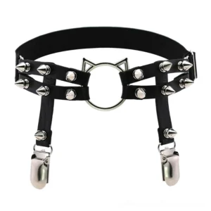 Black cat-ear spike thigh garter belt with silver studs and stocking clips, displayed flat lay view