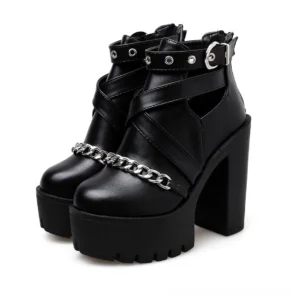 Black chain platform ankle boots for women front view showcase dual shoes with silver-tone vamp chain detail and round toe design