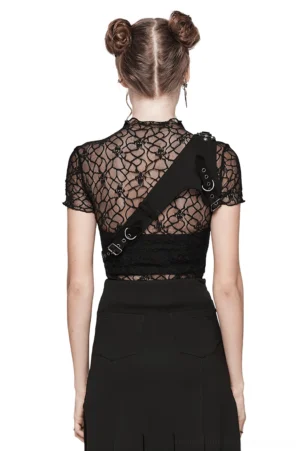 Black chest harness back angle showing O-ring hardware and adjustable strap design, gothic aesthetic