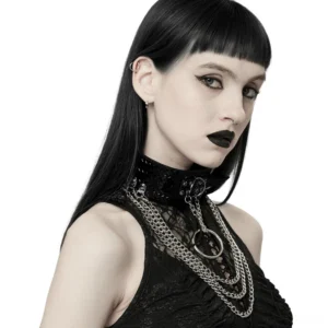 Layered silver chain gothic choker side profile view on model, showcasing multi-strand chain design and texture