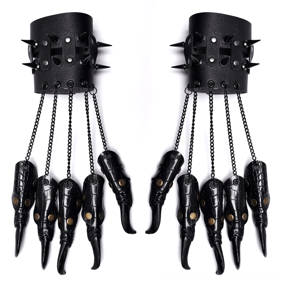 Front flat lay of black faux leather punk claw gloves with metal chains and spike embellishments