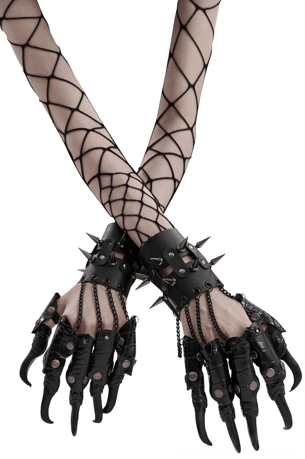 Black spiked claw fingerless gloves with chains, detailed close-up of clawed finger design and metal spikes on wrists