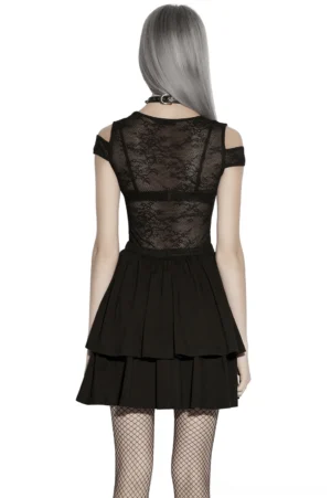 Gothic lace mini dress back view showing open lace design and layered ruffle skirt