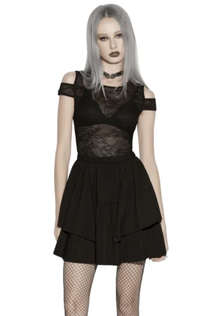 Black cold shoulder lace mini dress front view with tiered ruffle skirt and sheer lace bodice