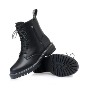 Black leather combat boot side view and lug rubber sole detail showing chunky tread pattern