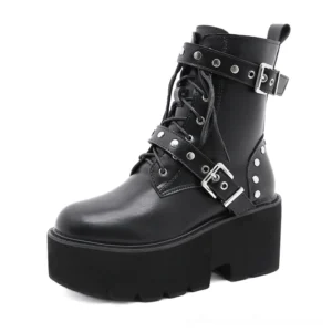 Black steampunk platform combat boots with adjustable buckles, left side three-quarter view showing heel and platform construction