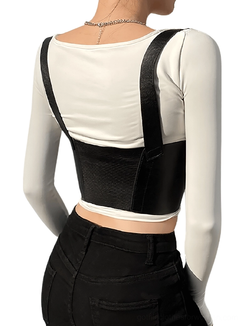 Black leather corset harness belt back view - elastic back panel and adjustable shoulder straps detail